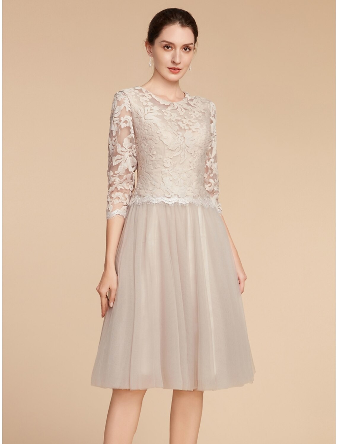 Wholesale A-Line Mother of the Bride Dress Wedding Guest Elegant Petite Jewel Neck Knee Length Lace Tulle Half Sleeve with Pleats Solid Color